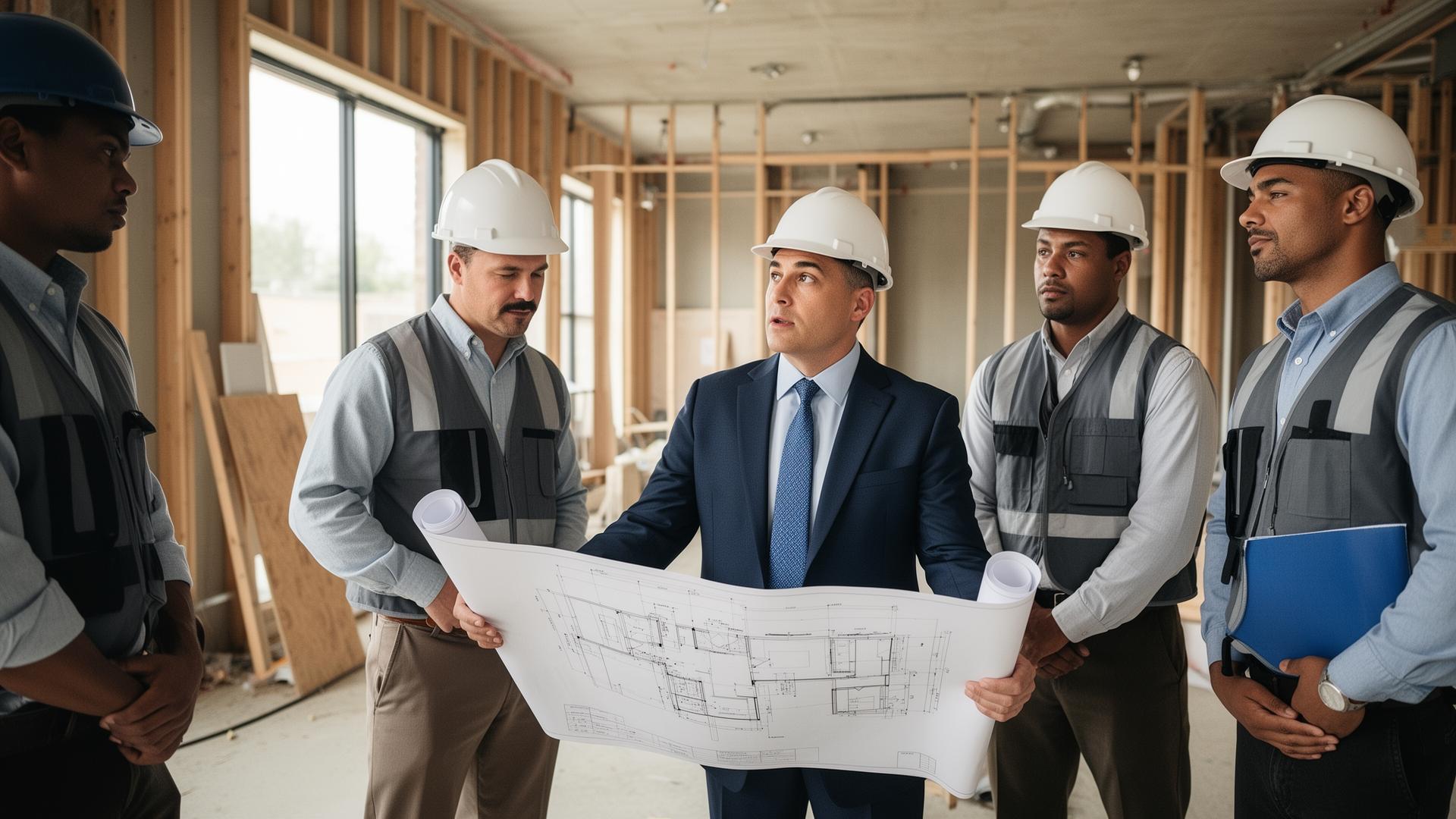 Project manager reviewing blueprints with construction team