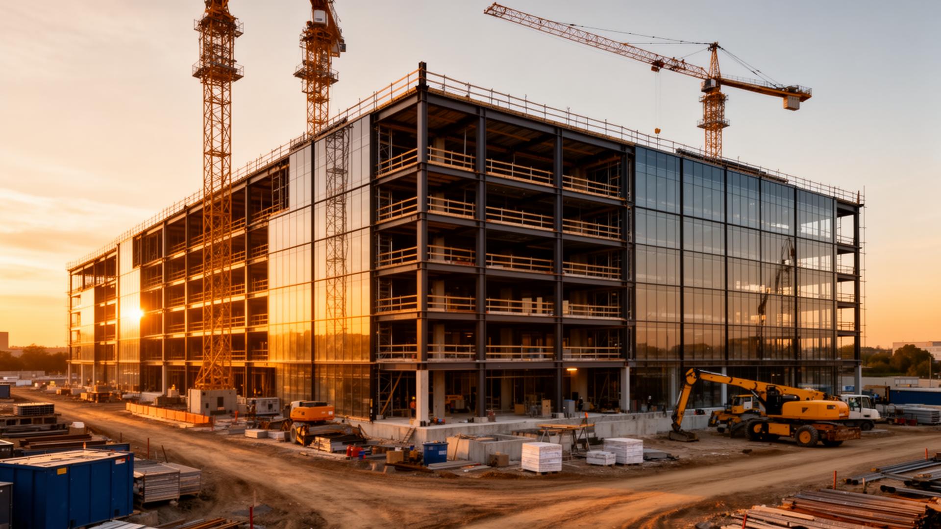 Commercial construction project at golden hour